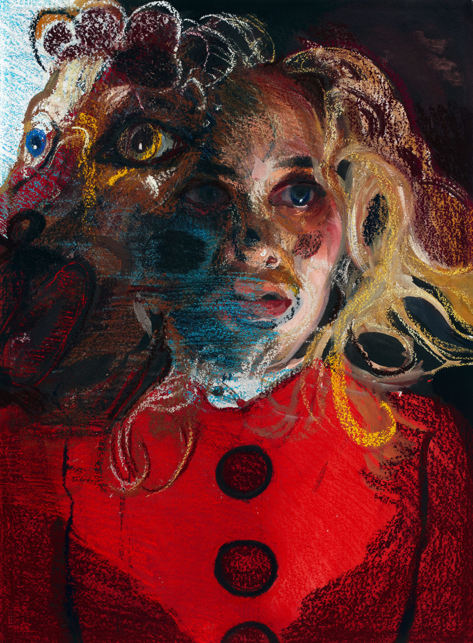 Gouache and chalk pastel illustration featuring a girl from the chest up blended with a wolf