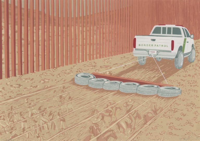 Screenprint titled Vigilantes by J. Leigh Garcia, showing a truck dragging tires