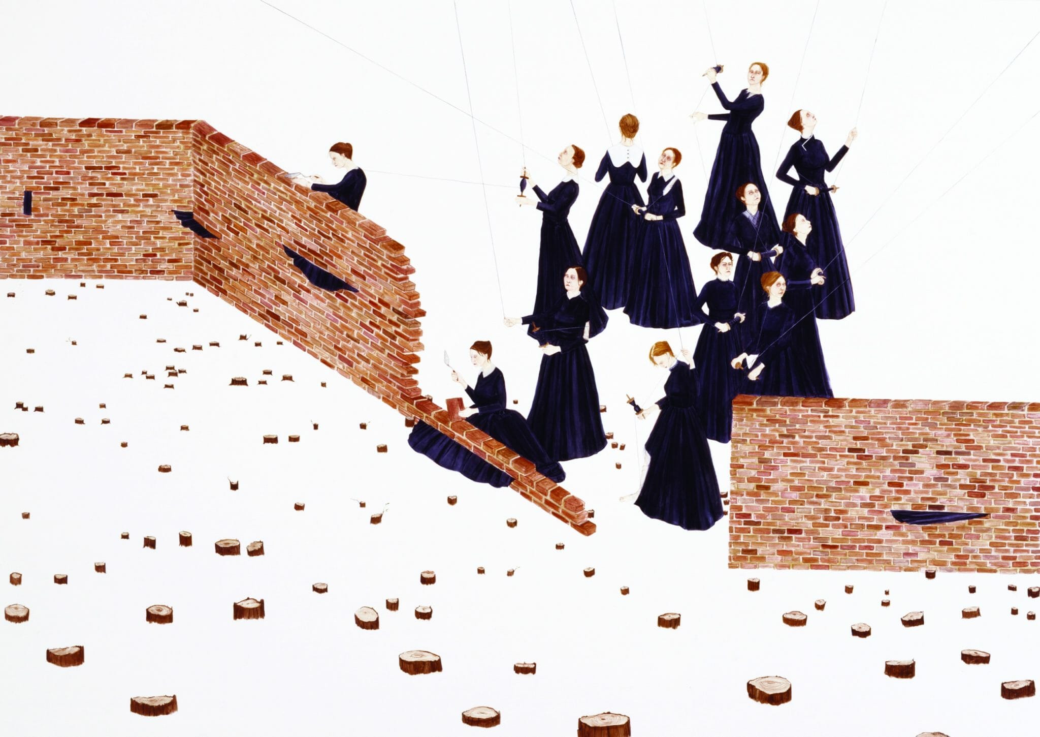 illustration of a group of women in long dresses, some building a brick wall surrounding a landscape of short tree stumps