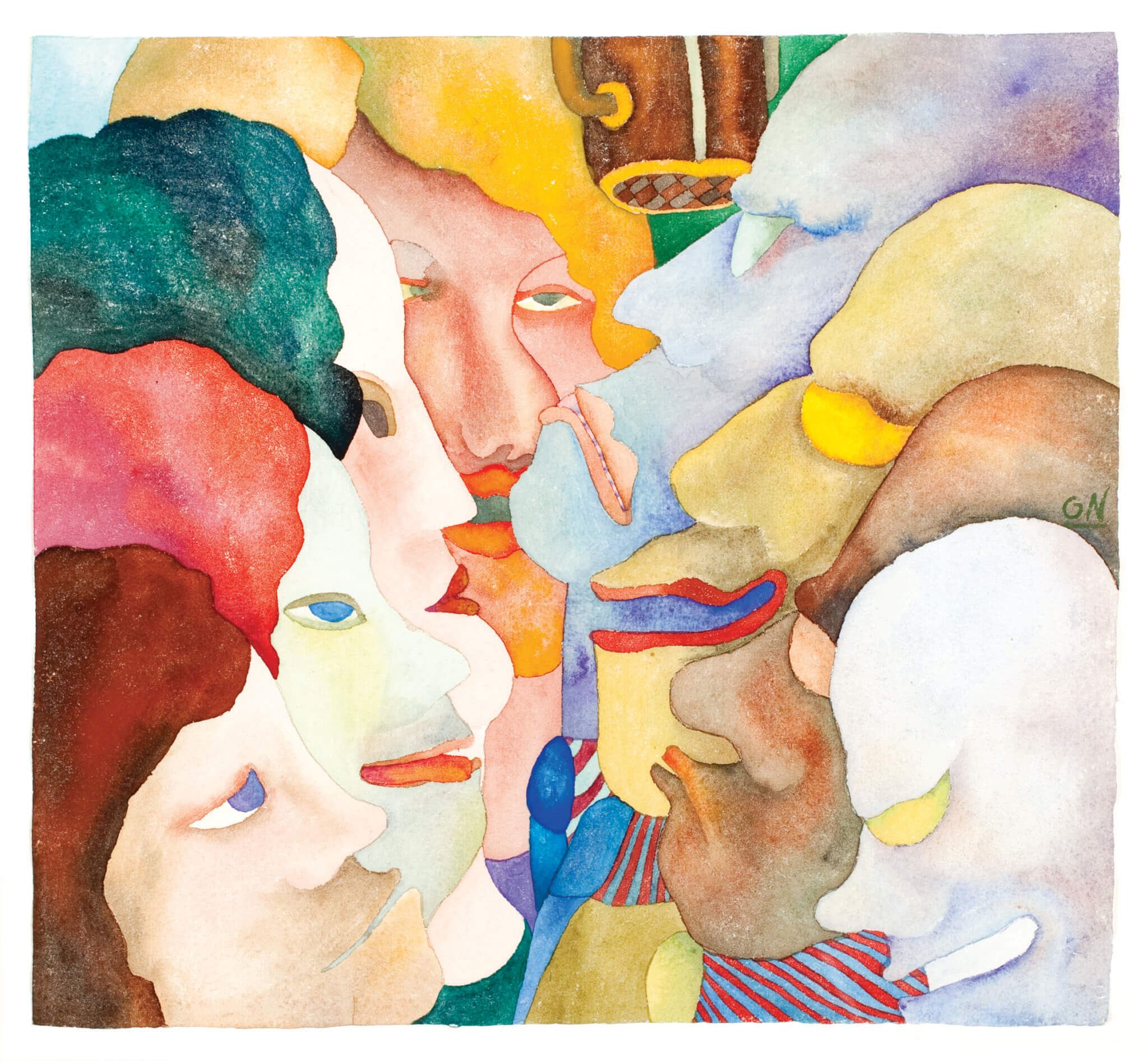 Gladys Nilsson, Quartets Recording, 1965. Watercolor on paper, 12 x 13 1/2 inches. The Bill McClain Collection of Chicago Imagism, Madison Museum of Contemporary Art.