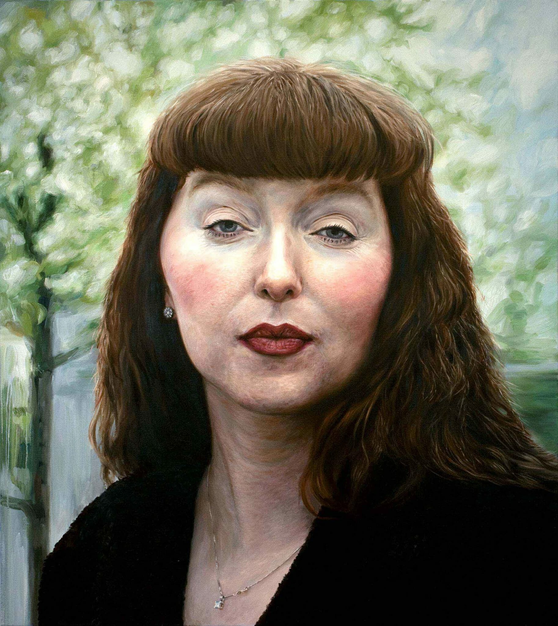 Photorealistic oil painting of a woman from the shoulders and up, with longer ginger hair, bangs, and eyebrows. Her makeup consists of blush, red lipstick, and possibly light mascara. She wears a black top with a dainty diamond pendant necklace. She is standing outdoors.