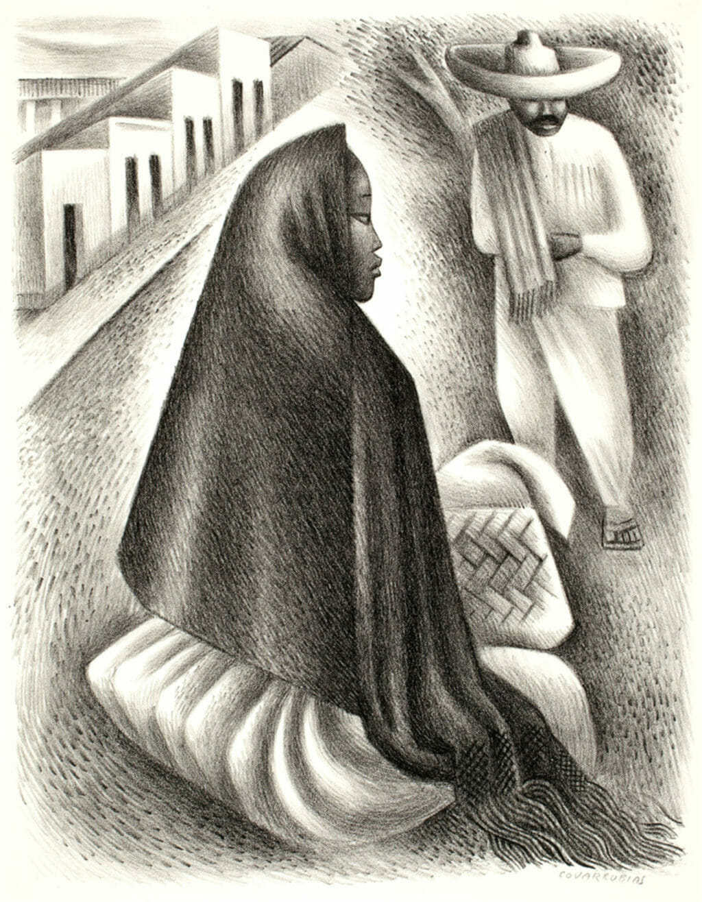 Escena callejera mexicana / Mexican Street Scene. Artist: Miguel Covarrubias. Date: 1943. Medium: litografía sobre papel / lithograph on paper.