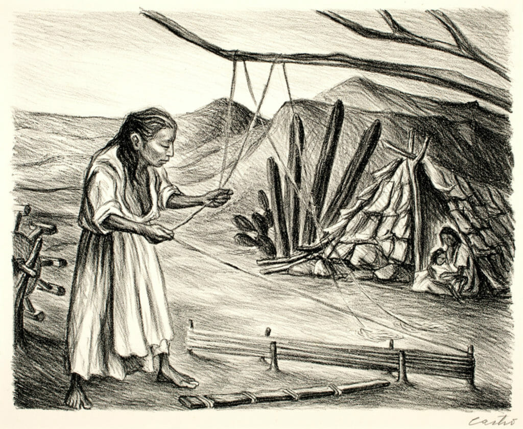 Trabajando con Ixtle (Valle de Mezquital, estado de Hidalgo) / Working with Ixtle (Valle de Mezquital, State of Hidalgo), from Mexican People. Artist: Fernando Castro Pacheco. Date: 1946. Medium: litografía sobre papel / lithograph on paper.