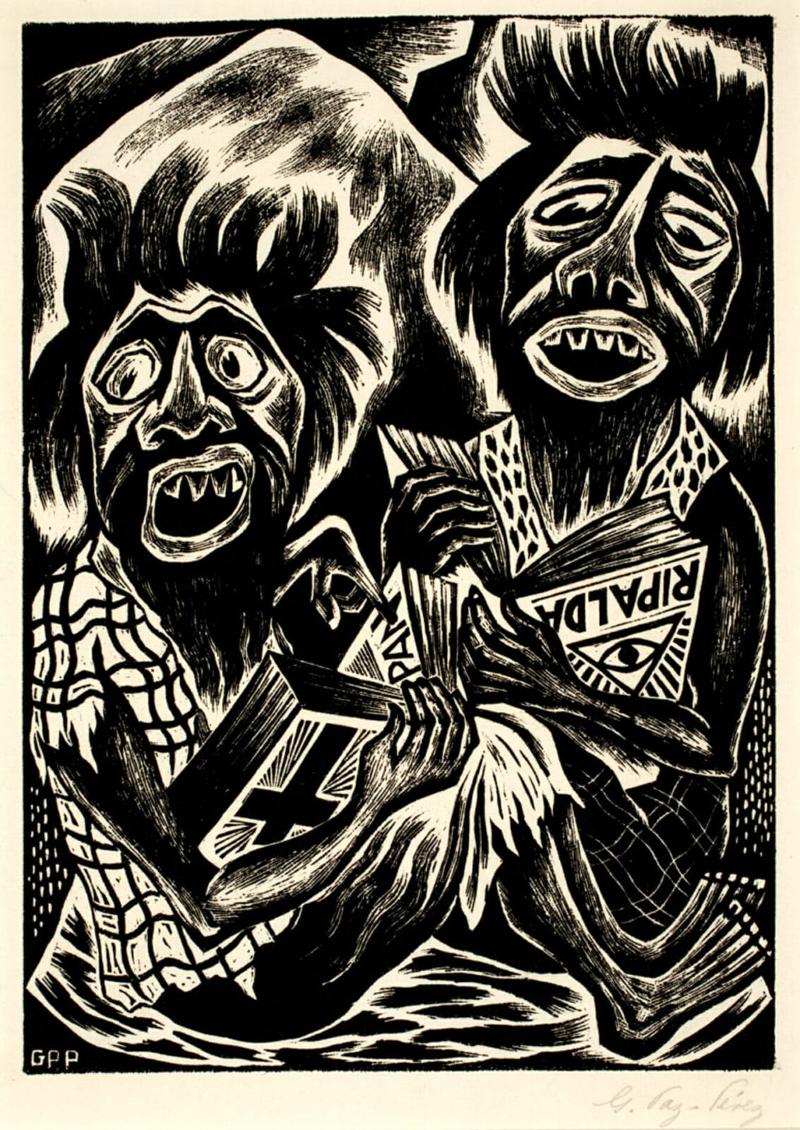 Dos fanáticos (Ripalda) / Two Fanatics (Ripalda). Artist: Gonzalo de la Paz Pérez. Date: c. 1935. Medium: grabado en madera a fibra sobre papel / woodcut on paper.