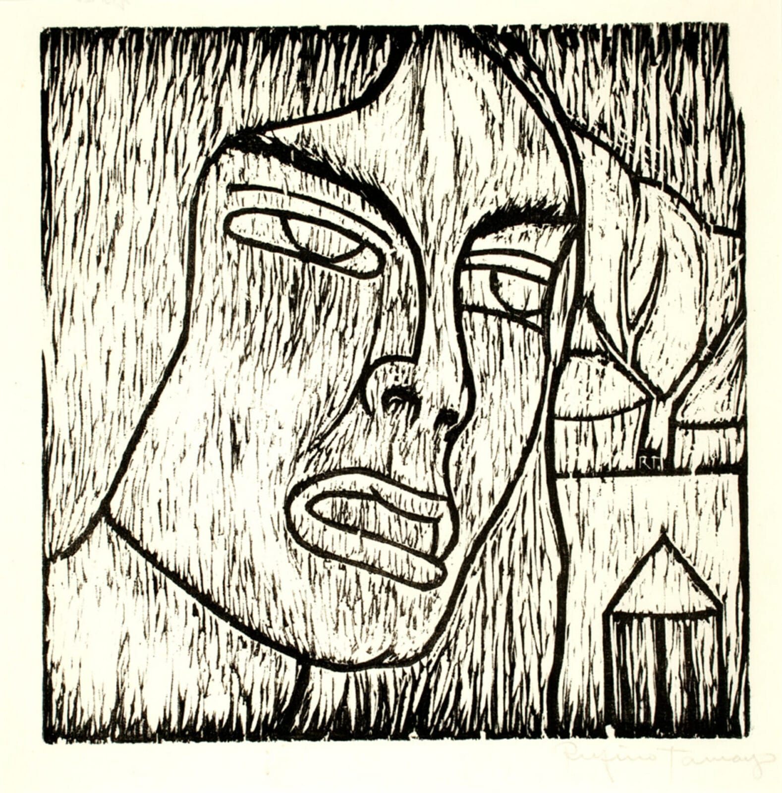 Cabeza II (Pesar) / Head II (Grief). Artist: Rufino Tamayo. Date: c. 1926-28. Medium: grabado en madera a fibra sobre papel / woodcut on paper.