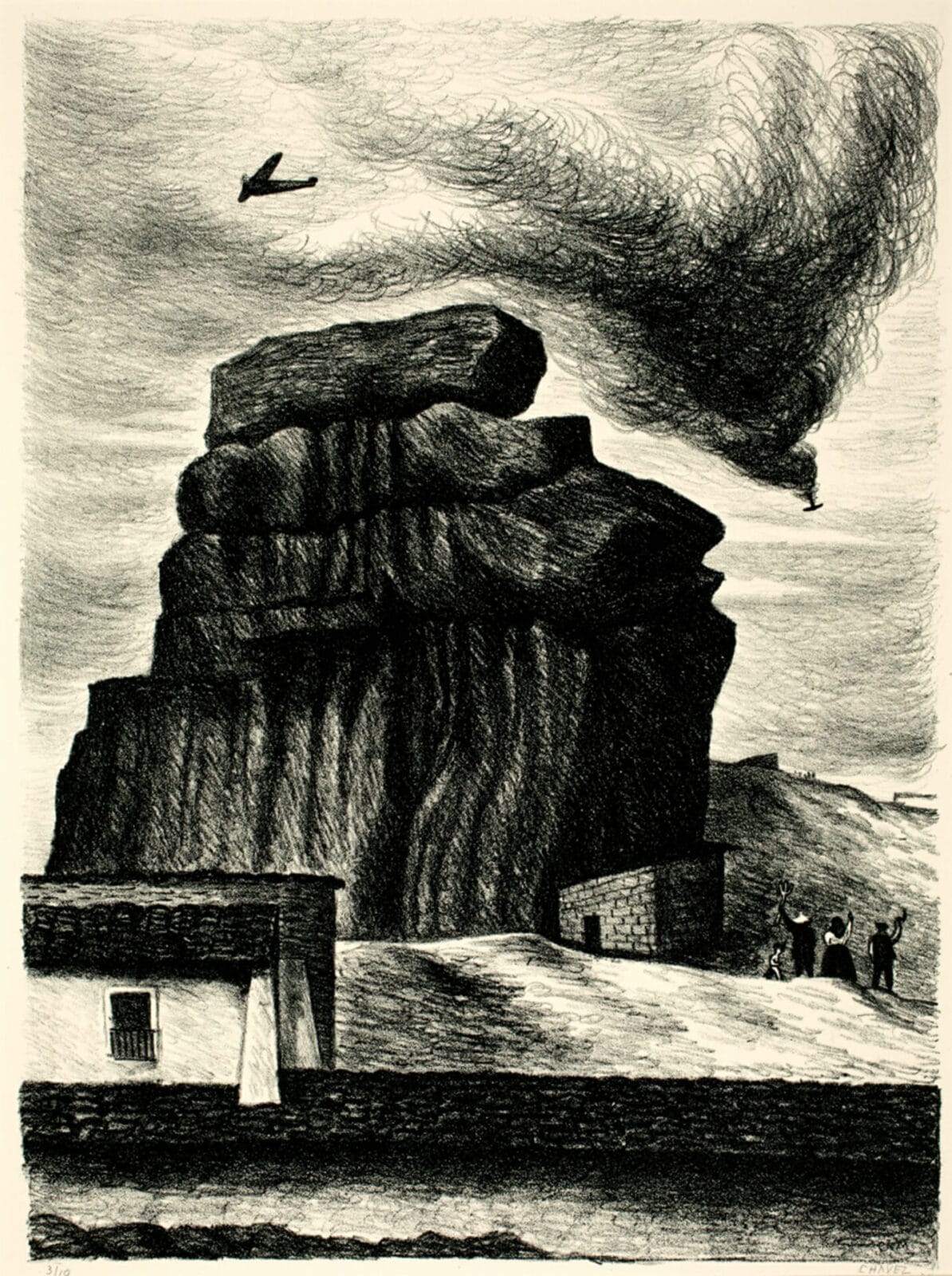 Ataque aéreo / Aerial Attack. Artist: José Chávez Morado. Date: 1938. Medium: litografía sobre papel / lithograph on paper.