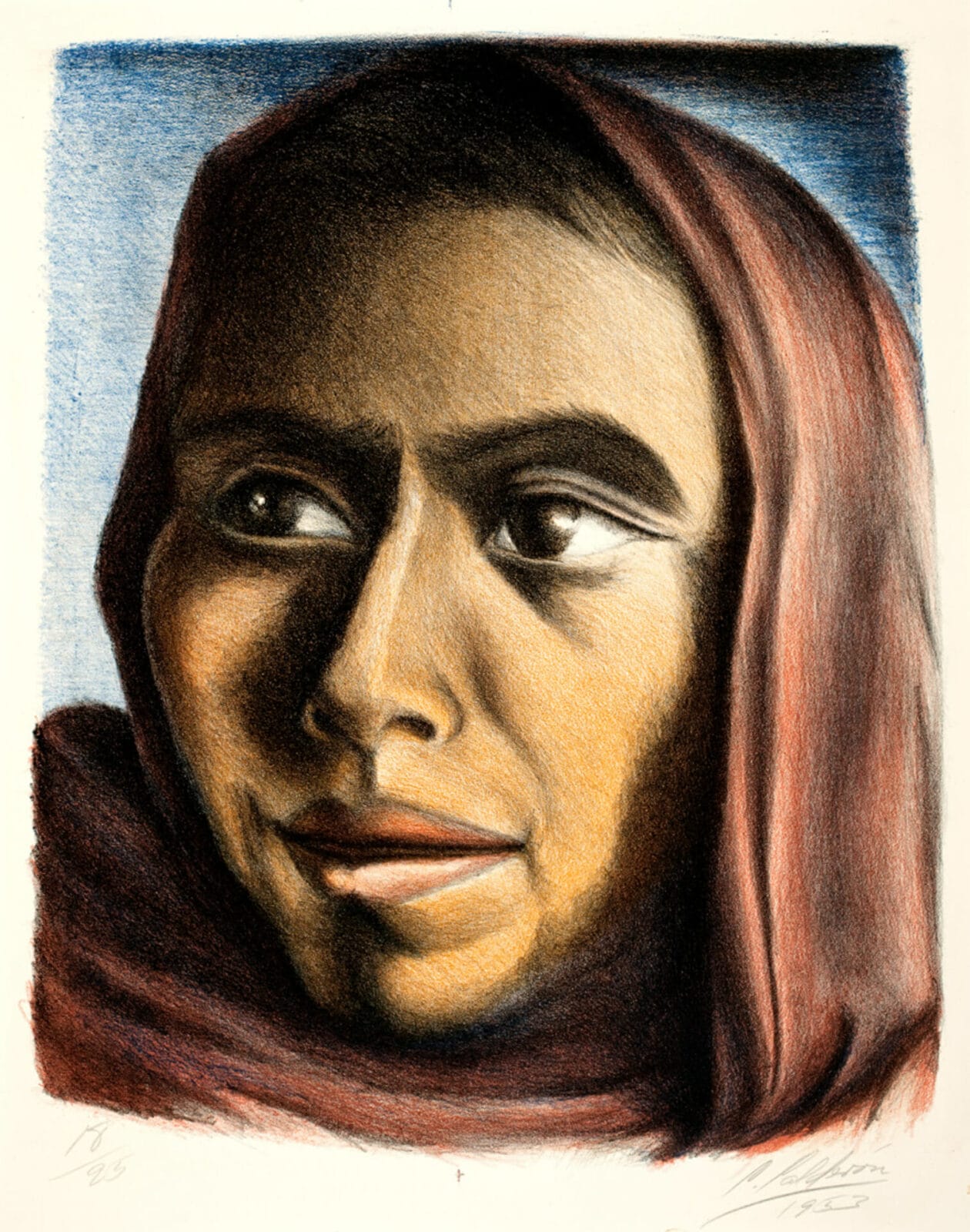 La mujer del rebozo rojo / Woman with Red Shawl. Artist: Celia Calderón. Date: 1953. Medium: litografía en color sobre papel / color lithograph on paper.