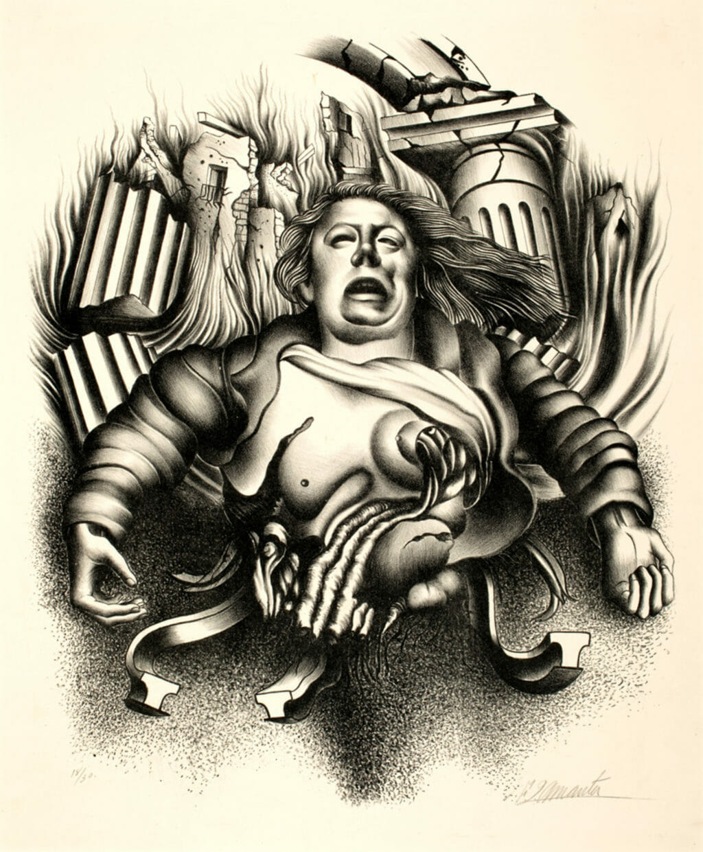 Destrucción de la cultura (Guerra) / Destruction of Culture (War). Artist: Francisco Dosamantes. Date: 1939. Medium: litografía sobre papel / lithograph on paper.