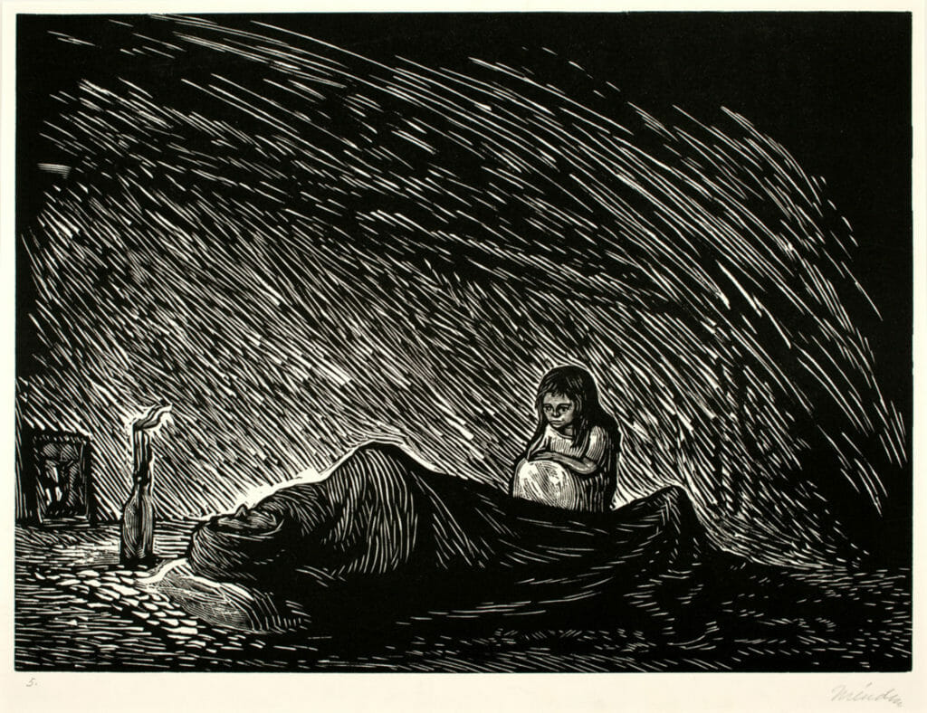 Soledad / Solitude, from Río Escondido. Artist: Leopoldo Méndez. Date: 1948. Medium: grabado en linóleo sobre papel / linocut on paper.