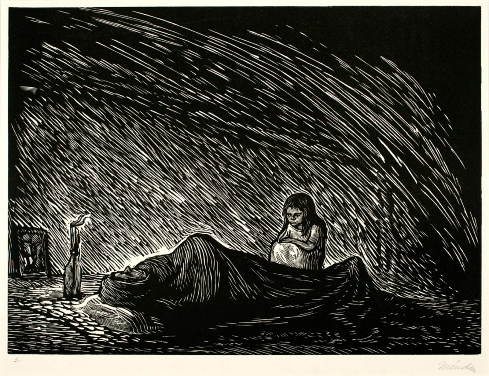 Soledad / Solitude, from Río Escondido. Artist: Leopoldo Méndez. Date: 1948. Medium: grabado en linóleo sobre papel / linocut on paper.