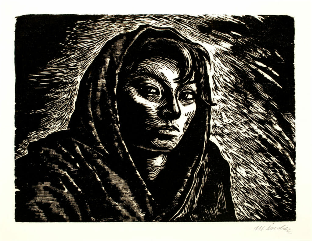 El rebozo de Soledad / Soledad’s Shawl. Artist: Leopoldo Méndez. Date: 1952. Medium: grabado en madera a fibra sobre papel / woodcut on paper.