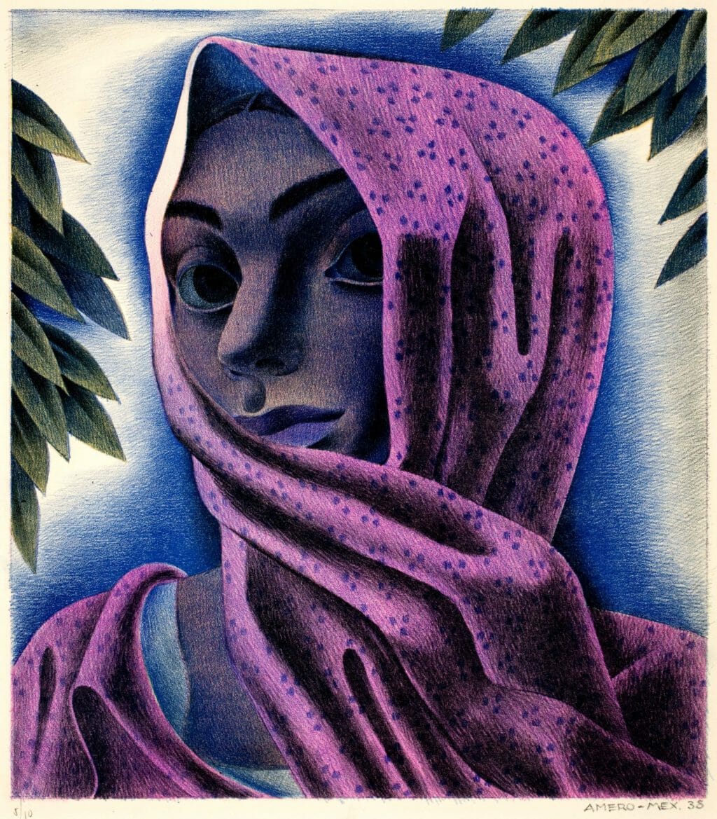 Mujer con rebozo / Woman with Rebozo. Artist: Emilio Amero. Date: 1938. Medium: litografía en color sobre papel / color lithograph on paper.