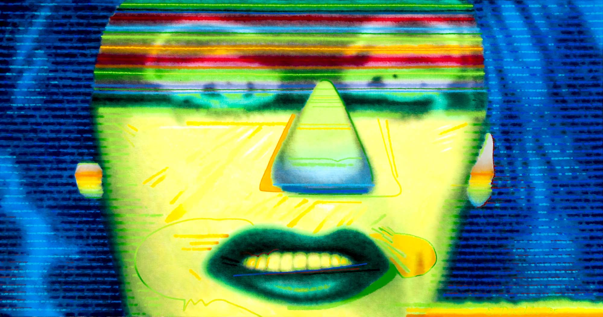 Ed Paschke, Suture, 1985. Oil on linen, 42 x 80 inches. Collection of the Madison Museum of Contemporary Art. The Bill McClain Collection of Chicago Imagism.