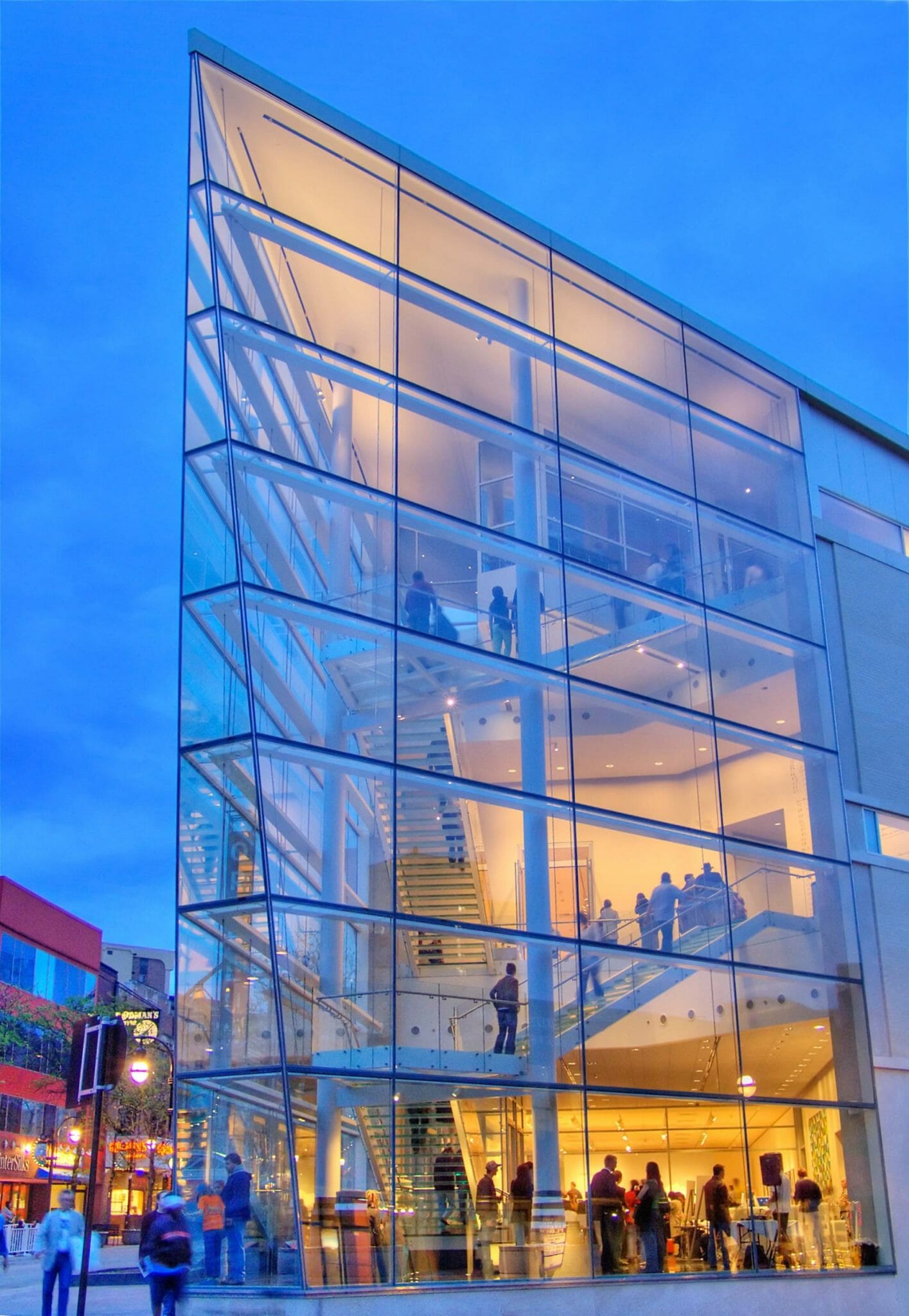 Exterior of the Madison Museum of Contemporary Art at dusk