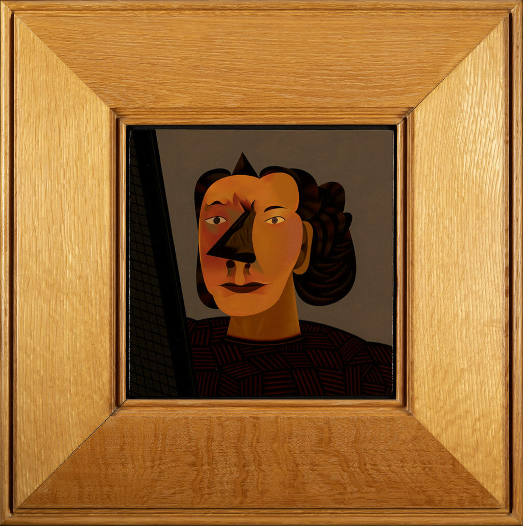 Fret. Artist: Jim Nutt. Date: 1990. Medium: acrylic on linen with stained wood frame.