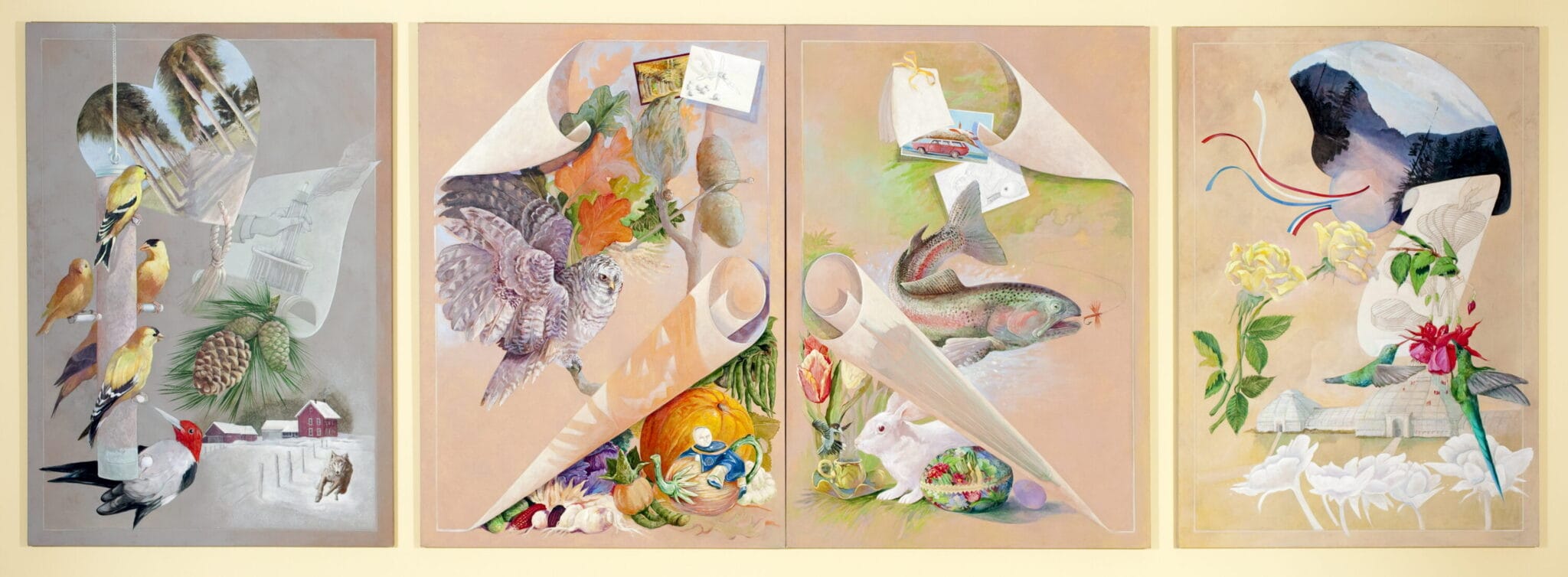 An artwork consisting of four panels, each representing a season through still-life images and other vignettes.