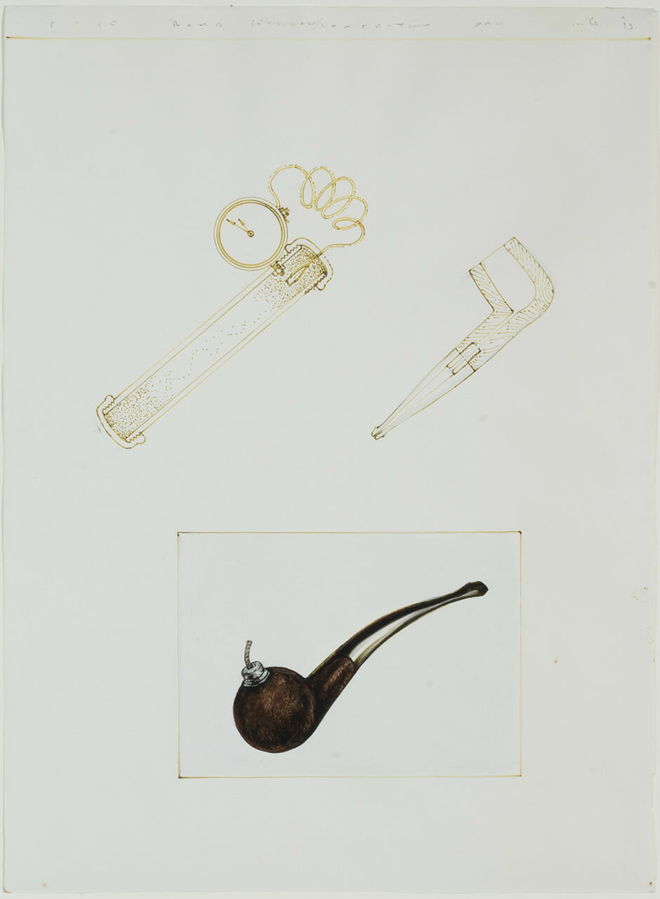 Ink, pigment, and correction fluid on paper illustrating a bomb and a pipe