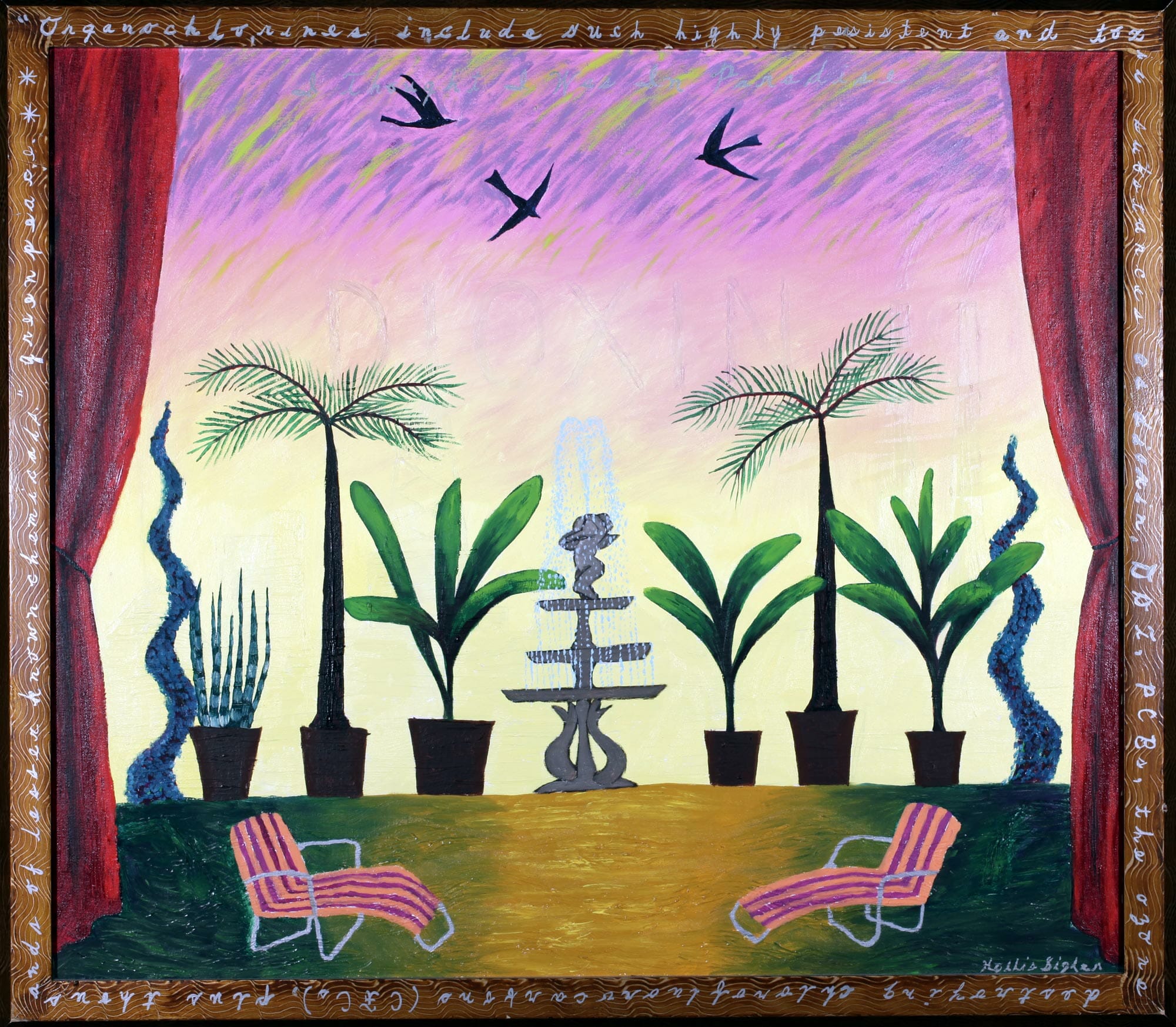 painted illustration featuring two pool chairs, a row of trees in pots, a fountain, and birds. the scene is framed by stage curtains.