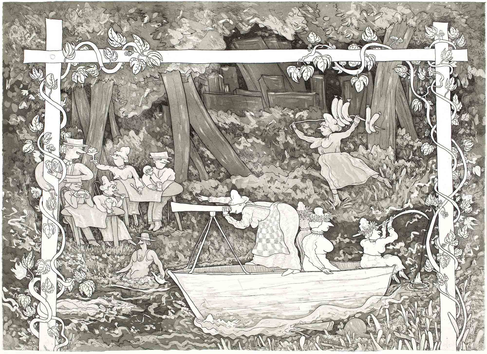 Gladys Nilsson, Sites Unscene, 2001. Hard ground etching with aquatint on paper, 22 x 30 inches. Collection of the Madison Museum of Contemporary Art. Gift of Thomas Jackson and Family.