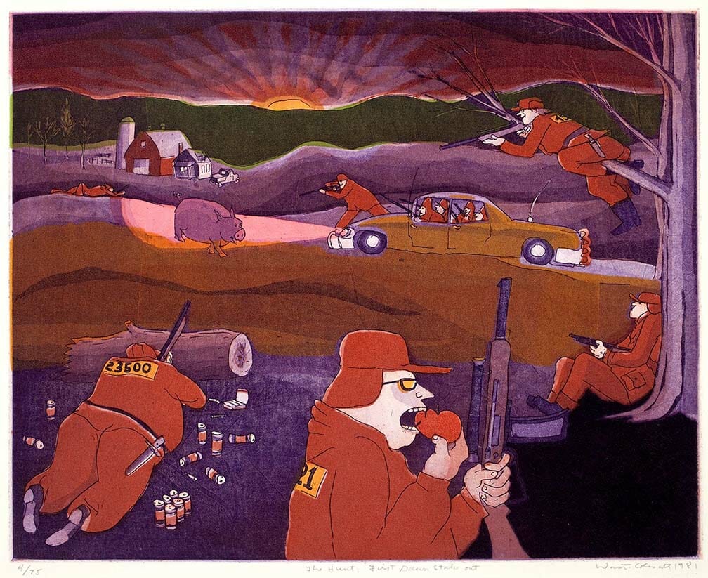 Warrington Colescott, The Hunt: First Dawn Stake Out, 1981. Etching and aquatint, 22 ¼ x 30 inches. Collection of the Madison Museum of Contemporary Art. Museum Purchase Fund and by exchange.