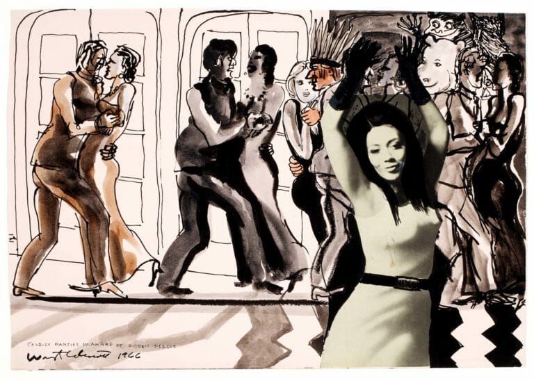 Warrington Colescott, Tourist Parties Unaware of Hidden Plague, 1966. Pen and ink, watercolor wash, and gouache with collage. Collection of the Madison Museum of Contemporary Art. Gift of Warrington Colescott and Frances Myers.