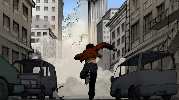 animated still showing someone running during the 9/11 tragedy