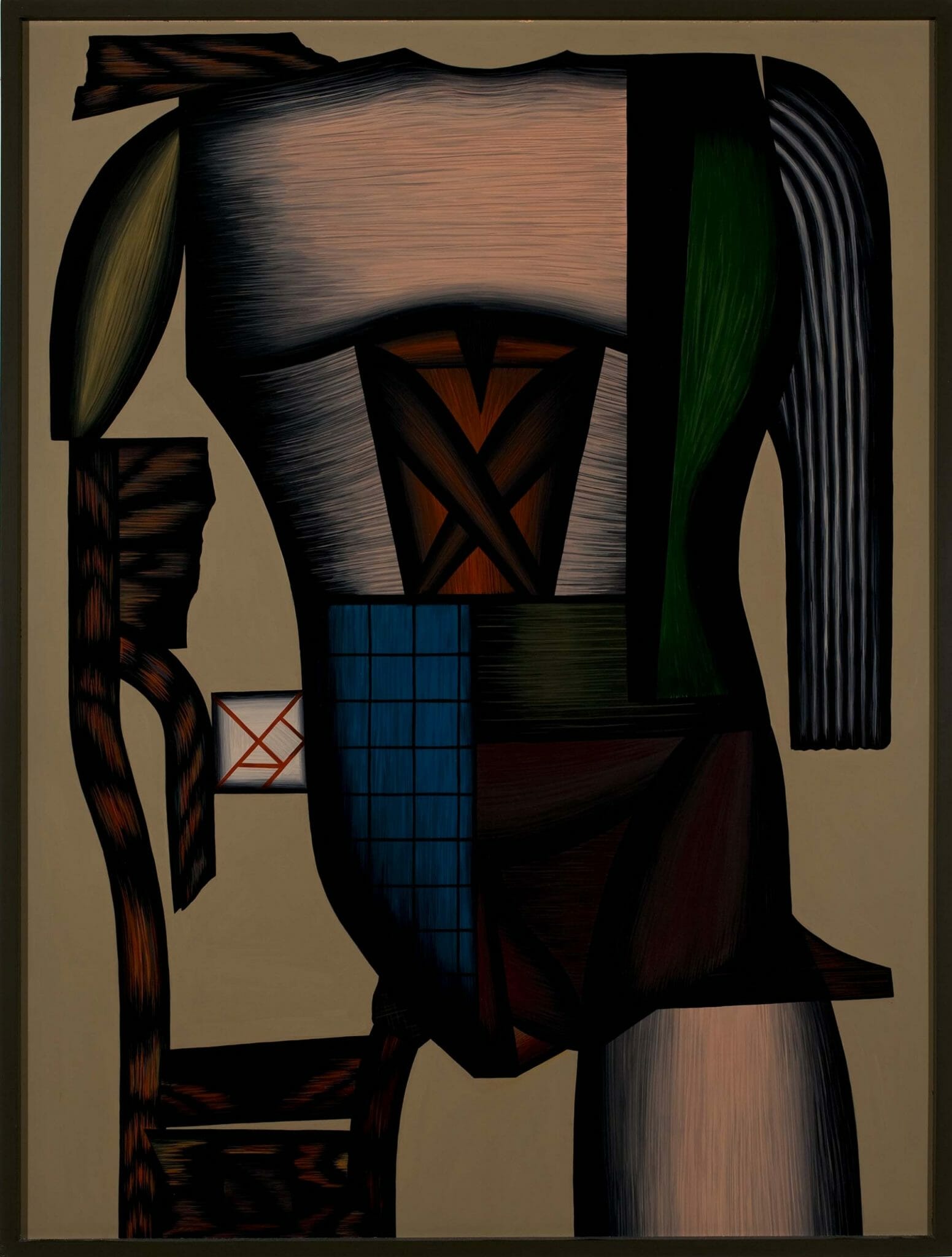 Acrylic painting resembling the torso of possibly a woman, rendered in geometric or abstract fashion. Her forearms are cut off and she has a single thigh. Vertical and horizontal strokes are visible. The figure has a broad chest and shoulder.