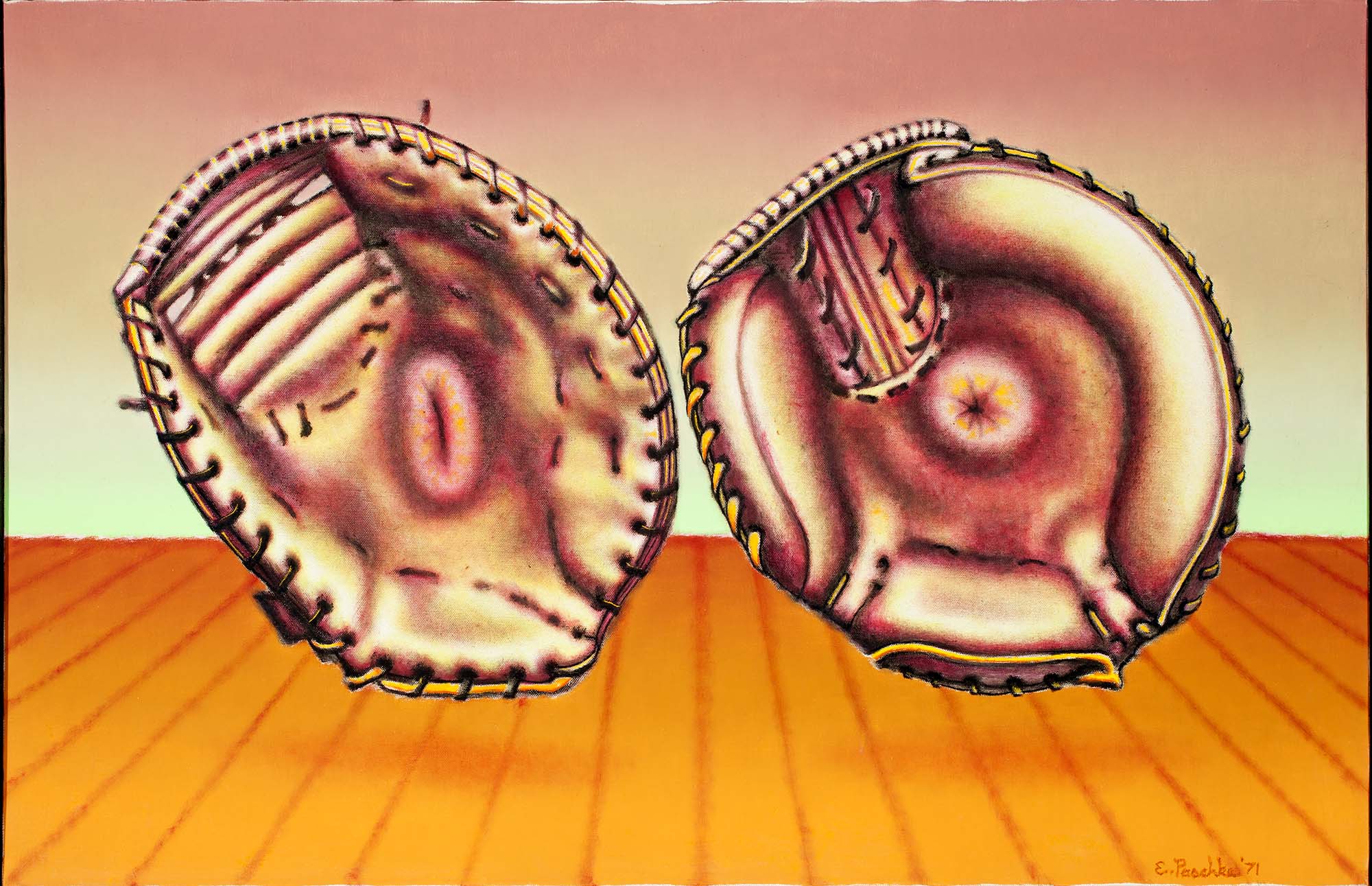 Ed Paschke, Floating Gloves, 1971. Oil on canvas, 22 1/2 x 34 1/2 in. Collection of the Madison Museum of Contemporary Art. Gift of Mark and Judy Bednar.