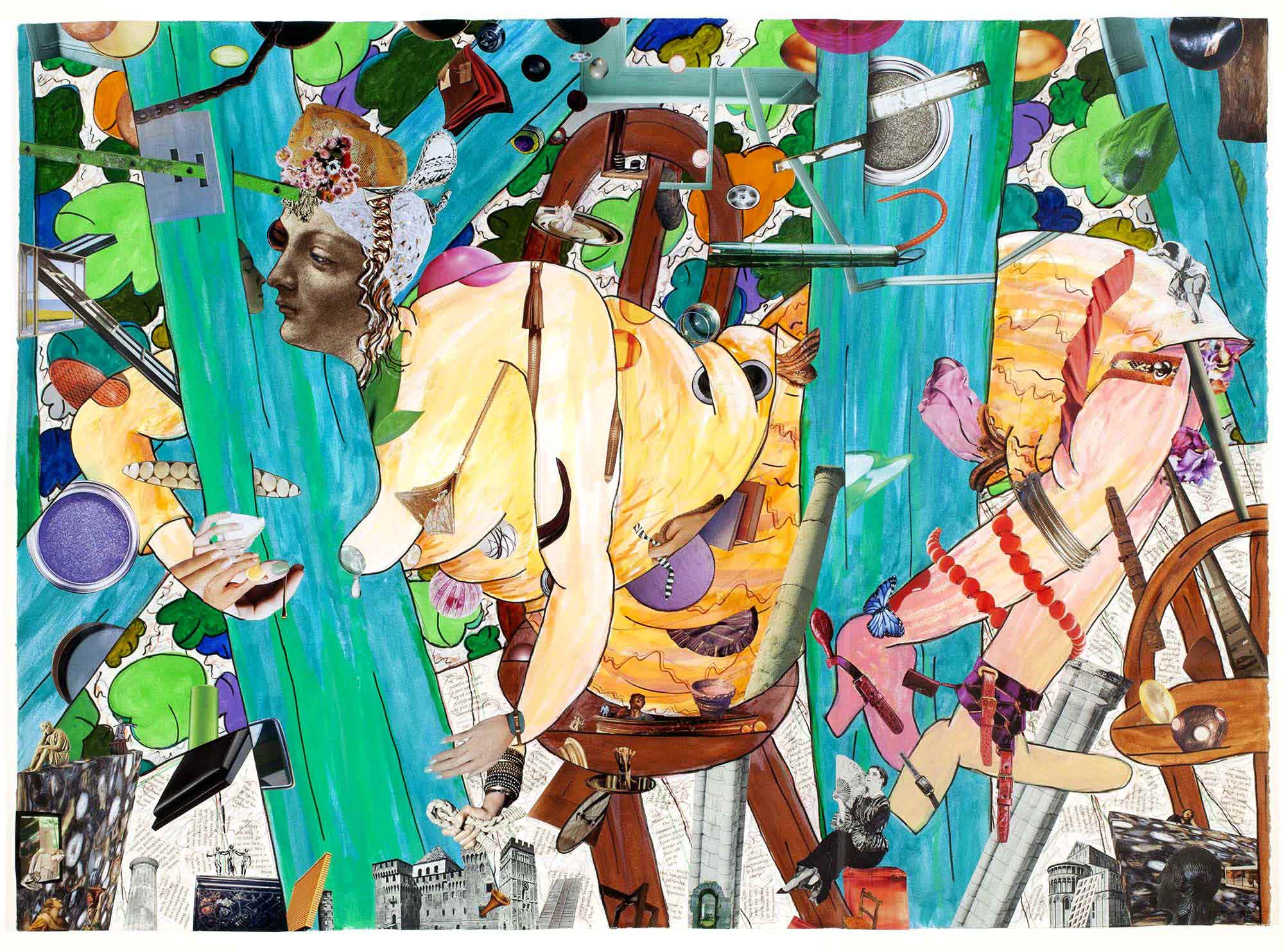 Gladys Nilsson, A Girl in the Arbor #13, 2013. Collage with gouache, watercolor, colored pencil, and crayon on paper, 29 3/4 x 41 1/2 inches. Collection of the Madison Museum of Contemporary Art. Purchase, through gift of Mark and Judy Bednar.