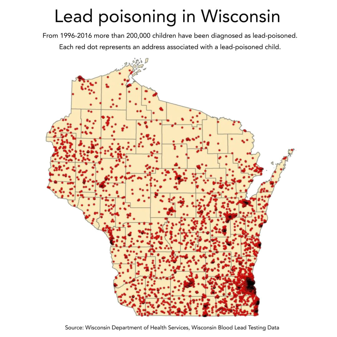 map with text that says: Lead poisoning in Wisconsin. From 1996–2016, more than 200,000 children have been diagnosed as lead-poisoned. Each red dot represents an address associated with a lead-poisoned child.