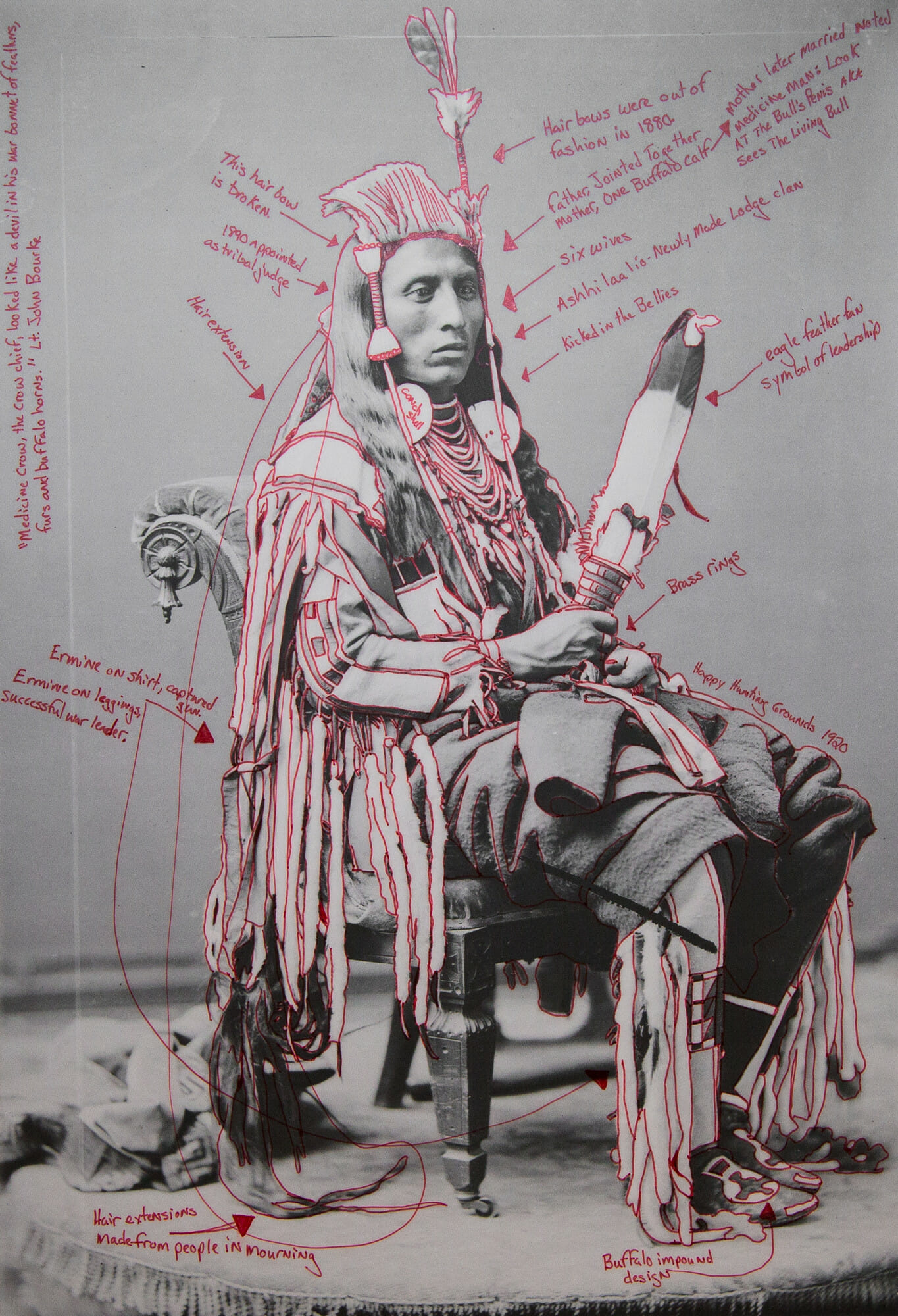 annotated archival photograph showing Peelatchiwaaxpáash / Medicine Crow (Raven) sitting on a chair