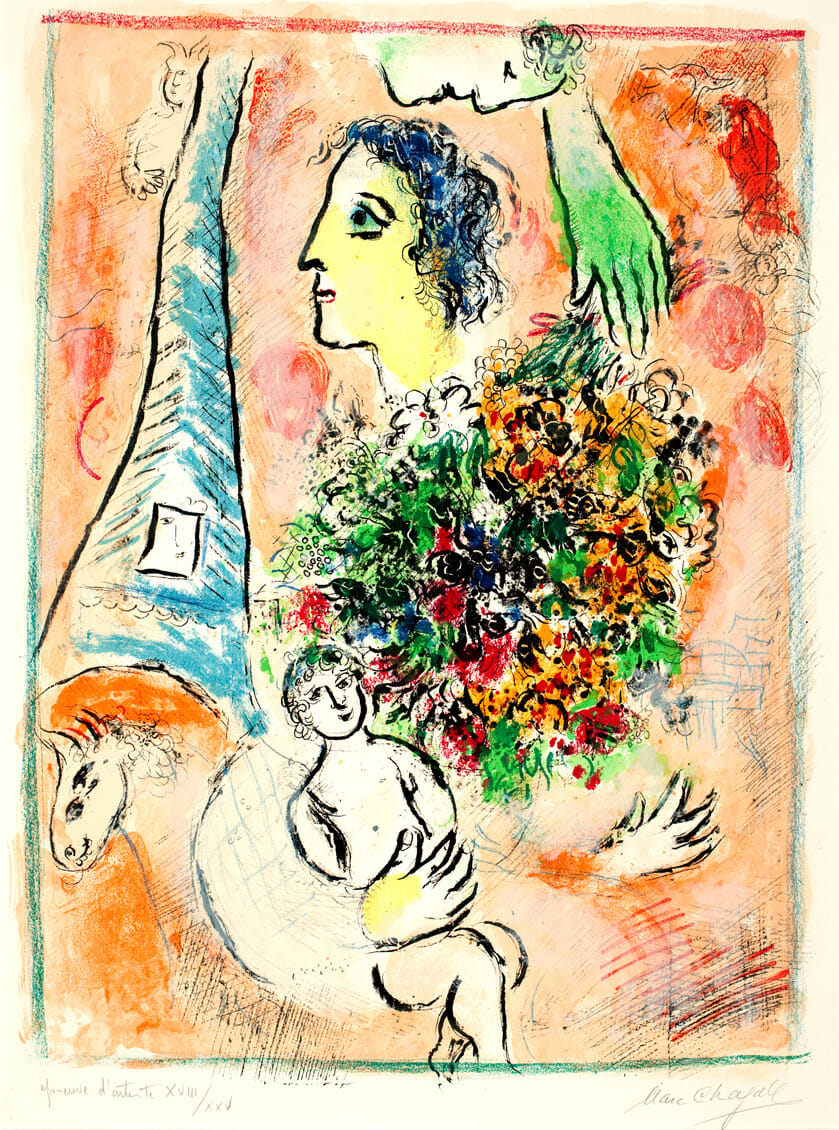 Offrande à la Tour Eiffel (Tribute to the Eiffel Tower). Artist: Marc Chagall. Date: 1964. Medium: color lithograph on paper.