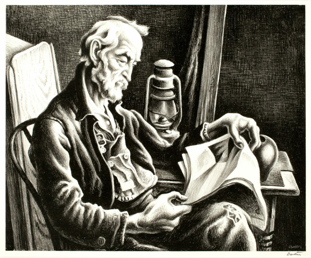 Old Man Reading. Artist: Thomas Hart Benton. Date: 1941. Medium: lithograph.