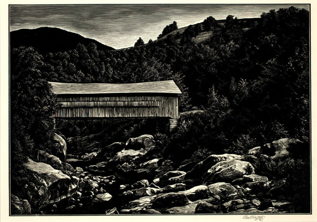 Bridge Over Mad River. Artist: Asa Cheffetz. Date: 1948. Medium: wood engraving.