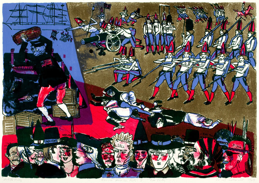 Famous American Riots: Tea Party. Artist: Warrington Colescott. Date: 1969. Medium: lithograph.