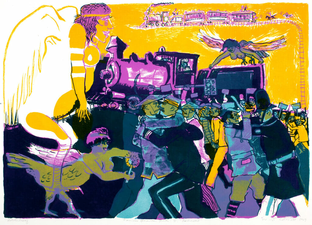 Famous American Riots: Railroad. Artist: Warrington Colescott. Date: 1969. Medium: lithograph.