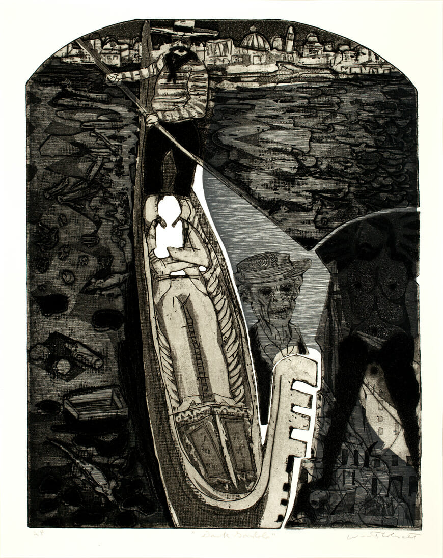 Death in Venice: Dark Gondola. Artist: Warrington Colescott. Date: 1971. Medium: Hard-and soft-ground etching, drypoint, and aquatint w vibrograver, & relief rolls through stencils.