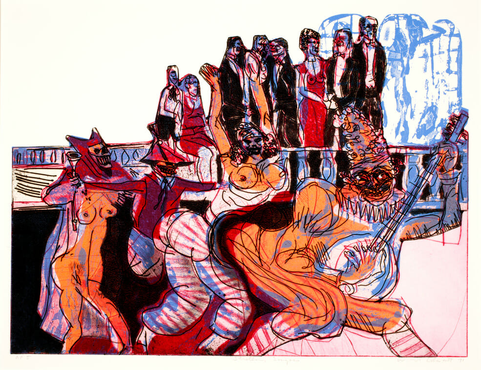 Death in Venice:  Strolling Singers. Artist: Warrington Colescott. Date: 1971. Medium: hard-ground etching and drypoint, w roulette, vibrograver, and relief rolls through stencils.