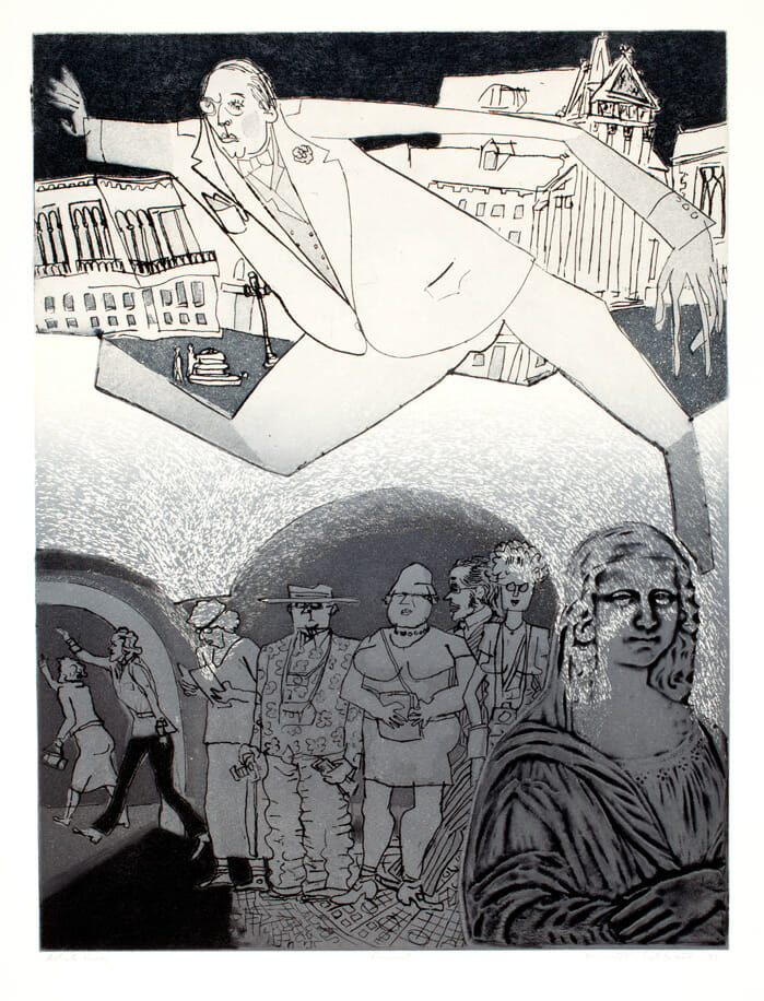 Death in Venice:  Pursuit. Artist: Warrington Colescott. Date: 1971. Medium: hard-ground etching and aquatint, with found object.