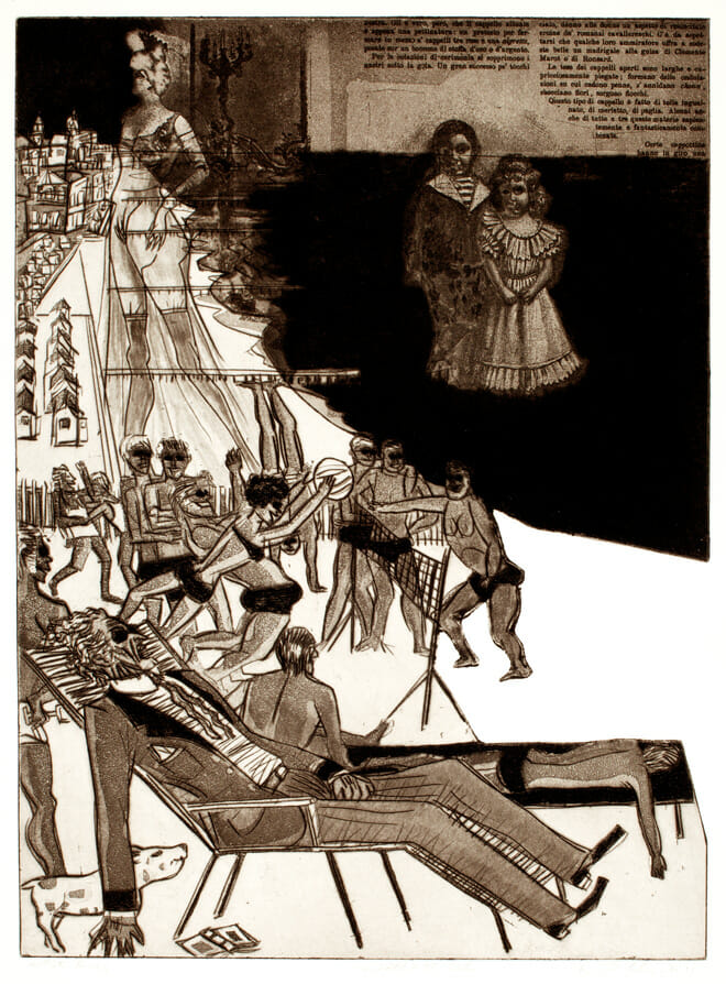 Death in Venice:  Death on the Lido. Artist: Warrington Colescott. Date: 1971. Medium: drypoint, aquatint, and photo-etching, with vibrograver, and relief rolls through stencils.