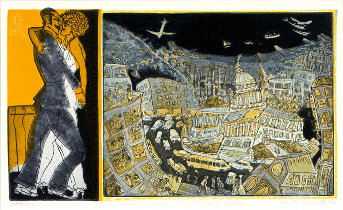 View from W. Washington and Rue Rabelais, Reversed. Artist: Warrington Colescott. Date: 1973. Medium: etching.