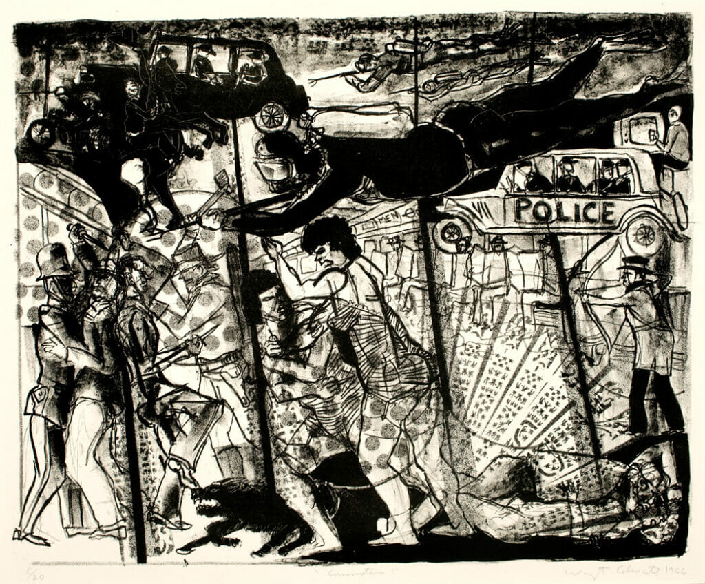 Commuters. Artist: Warrington Colescott. Date: 1966. Medium: lithograph with spray tusche through found industrial objects.