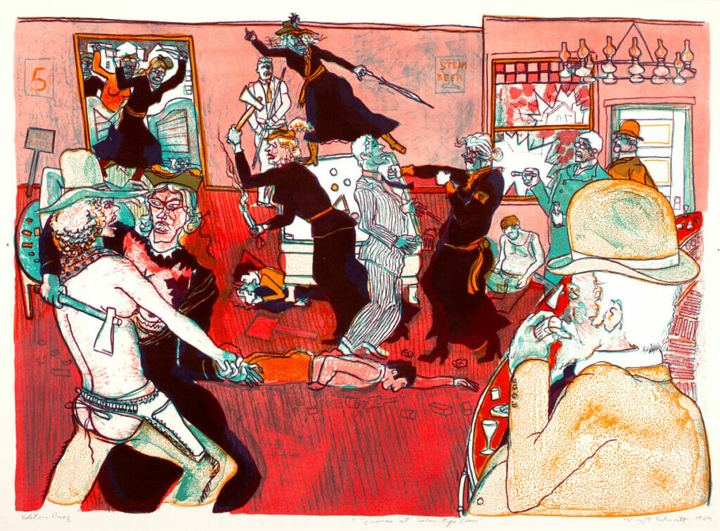 Famous American Riots: Fracas in Calamity’s Place. Artist: Warrington Colescott. Date: 1969. Medium: lithograph.