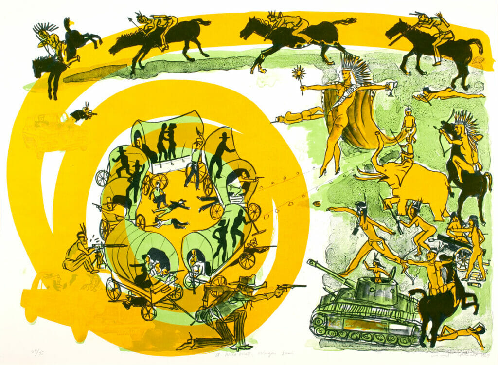 A Wild West: Wagon Train. Artist: Warrington Colescott. Date: 1968. Medium: offset lithograph.