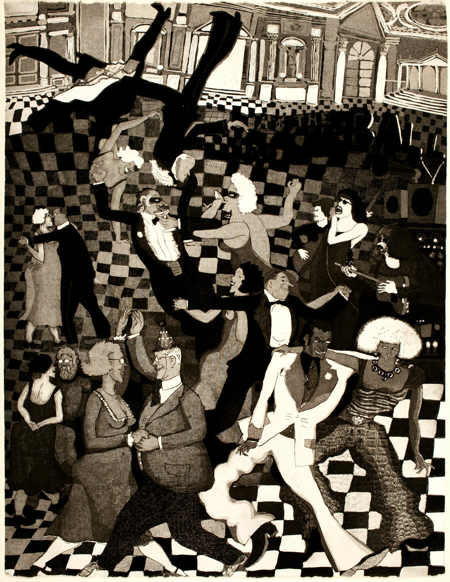 At the Ball. Artist: Warrington Colescott. Date: 1978. Medium: soft-ground etching and aquatint, with vibrograver, on paper.