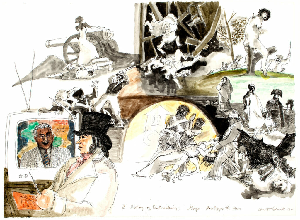 A History of Printmaking: Goya Analyzes the News. Artist: Warrington Colescott. Date: 1975. Medium: watercolor and ink.