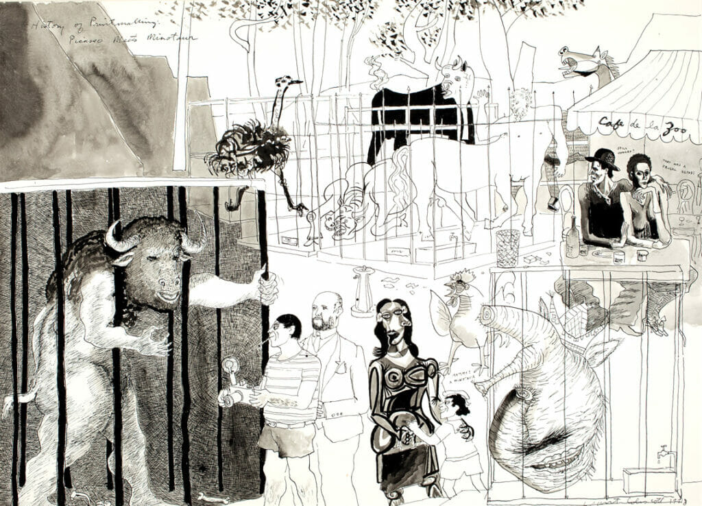 The History of Printmaking: Picasso at the Zoo. Artist: Warrington Colescott. Date: 1978. Medium: pen and wash drawing.