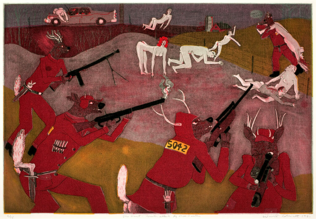 The Hunt:  Counterattack by Deer Hunters. Artist: Warrington Colescott. Date: 1981. Medium: Soft-ground etching and aquatint, with vibrograver, à la poupée inking, and relief rolls through stencils on paper.