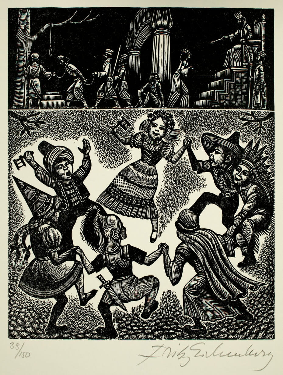 Purim. Artist: Fritz Eichenberg. Date: 1976. Medium: wood engraving.