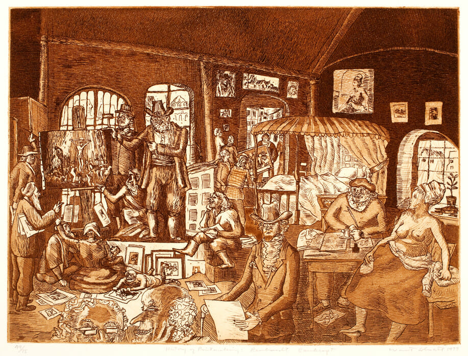 The History of Printmaking: Rembrandt Bankrupt. Artist: Warrington Colescott. Date: 1977. Medium: soft-ground etching and aquatint, with a la poupee inking.